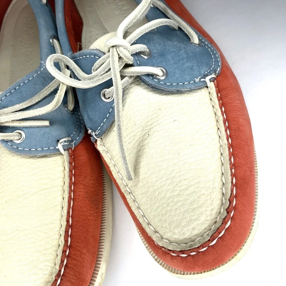Cole Haan Mens Boat Shoes Size 10 M Red White Blue Leather Lace Up Deck Loafers